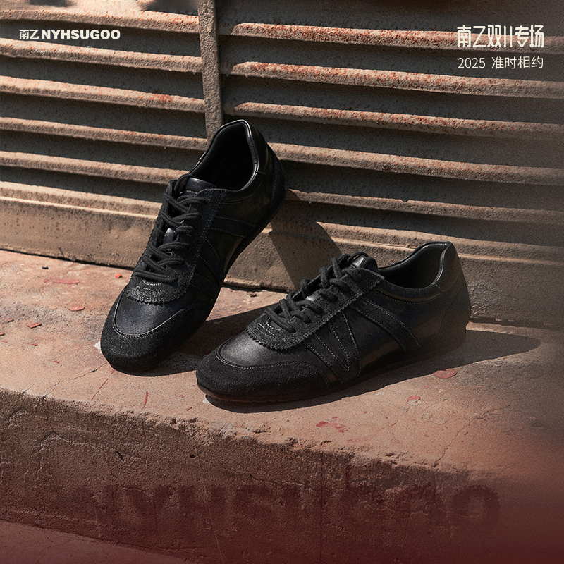 NYHSUGO0/南乙秋冬男士黑色系带薄底鞋马皮极简3765方头德训鞋