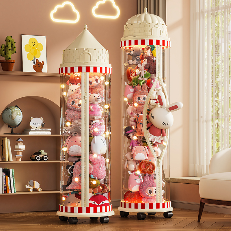 透明拉链收纳桶毛绒玩具收纳神器带灯装娃娃筒儿童玩偶公仔收纳箱