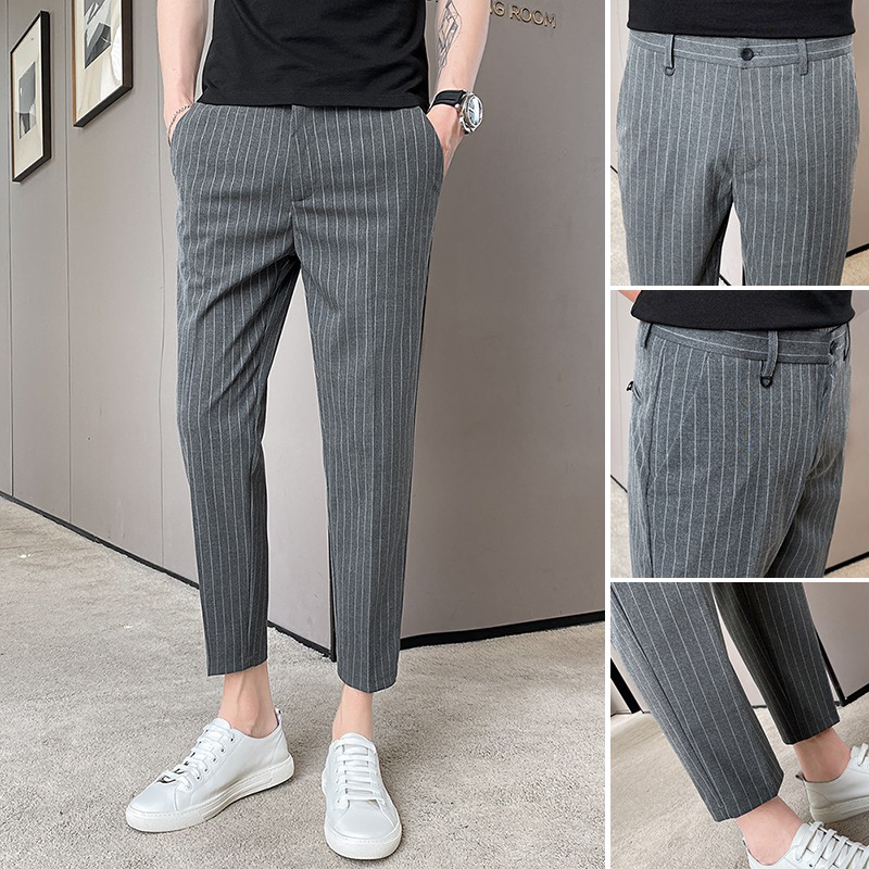 春季韩版夏季条纹修身百搭男士西装裤九分裤西裤直筒薄款透气灰色