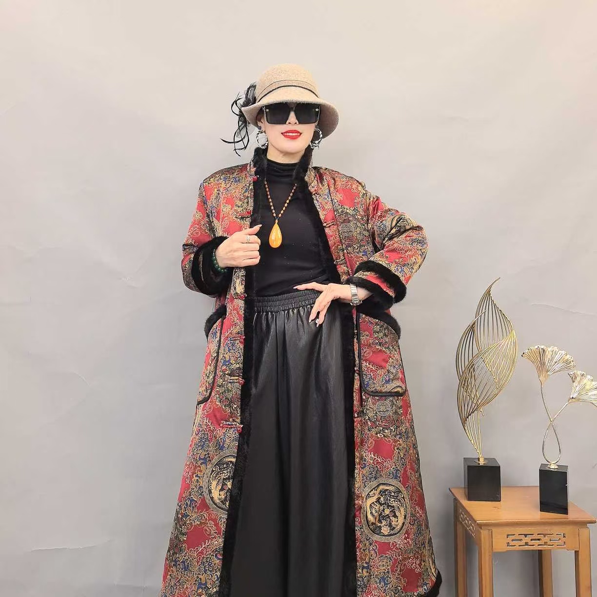 1717阔气加棉冬季新款立领中长款国风中式盘扣高端外套