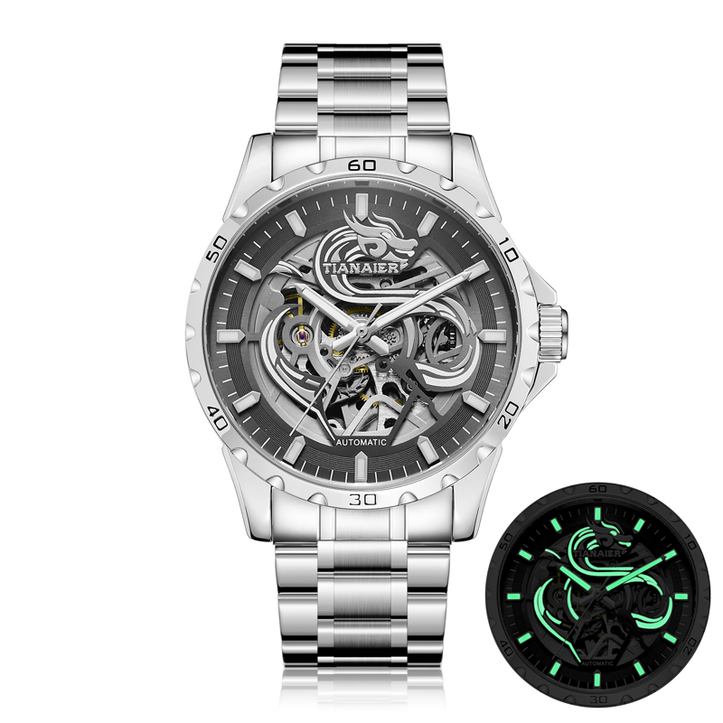 手表男士全自动机械表飞轮镂空潮流钢带防水腕表800S龙镂空