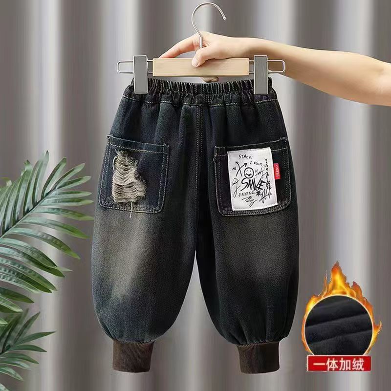 宝宝秋冬加绒裤子新款儿童装男童春季加绒韩版牛仔裤宝宝束脚裤