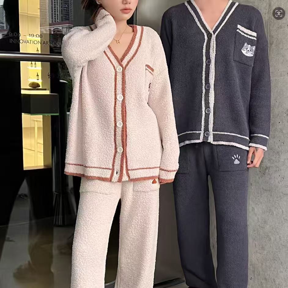 半边绒居家服睡衣套装保暖加绒高档可外穿秋冬家居服