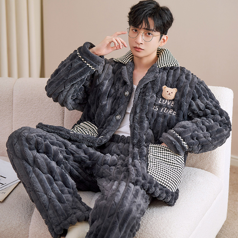 三层夹棉加厚加绒男士睡衣冬季开衫宽松珊瑚绒秋冬款家居服 7804