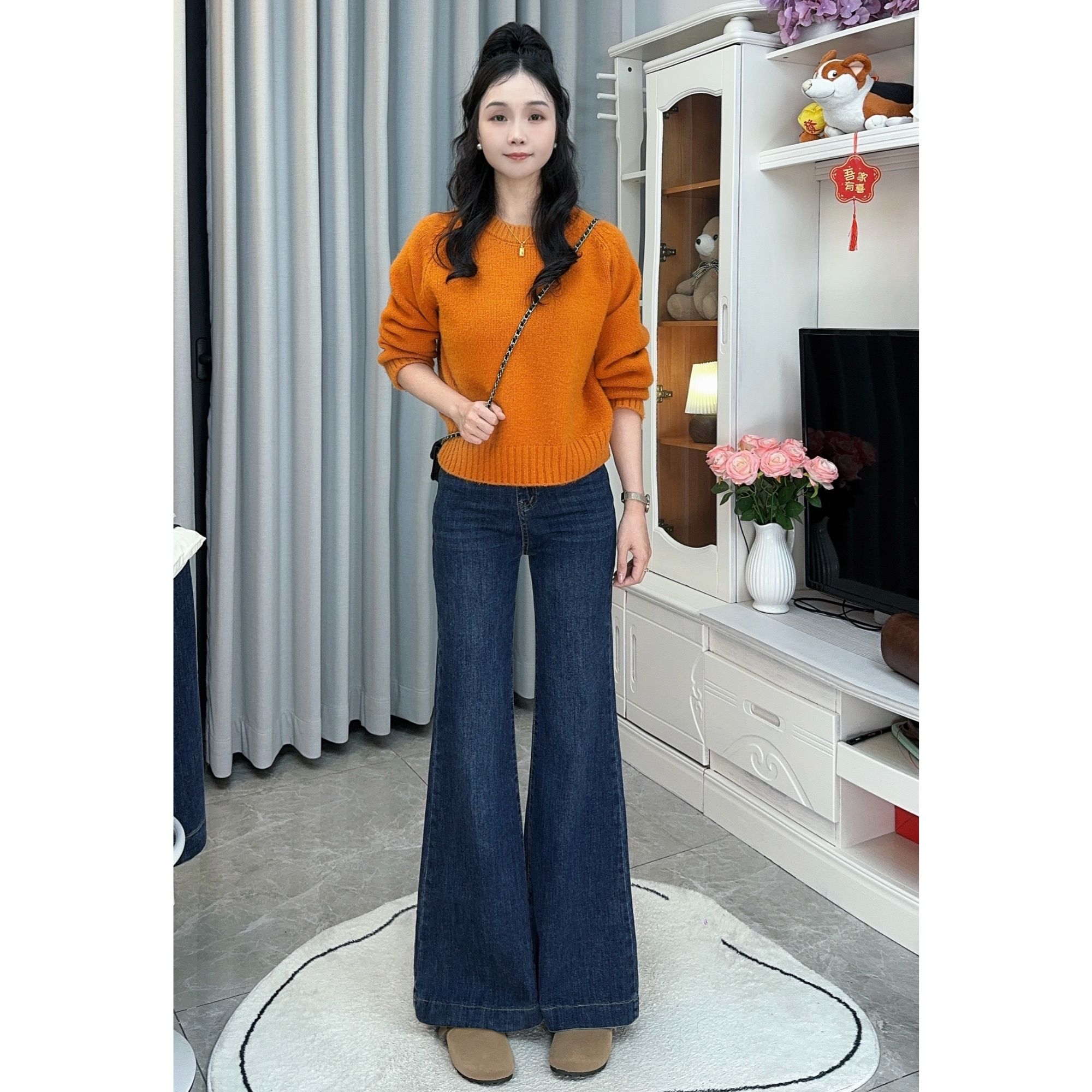 PERIKAS黛蓝牛仔裤秋季新款百搭宽松弹力垂感高腰喇叭裤时尚