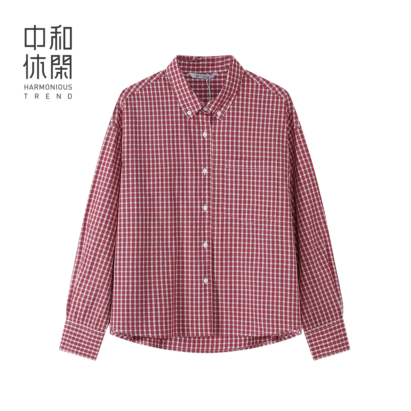 中和休闲长袖衬衫女26春季新款韩系红格子宽松衬衫外套I61166361