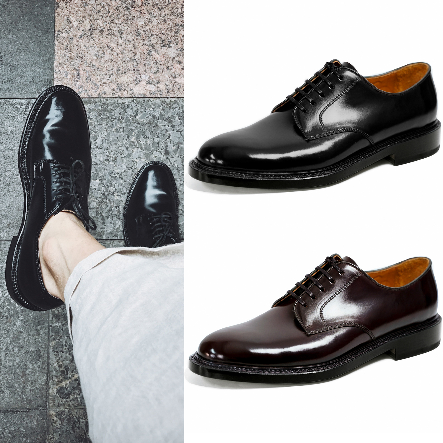 纯手工鞋意大利马臀皮系带商务休闲传统显瘦小圆头黑色马臀皮男鞋