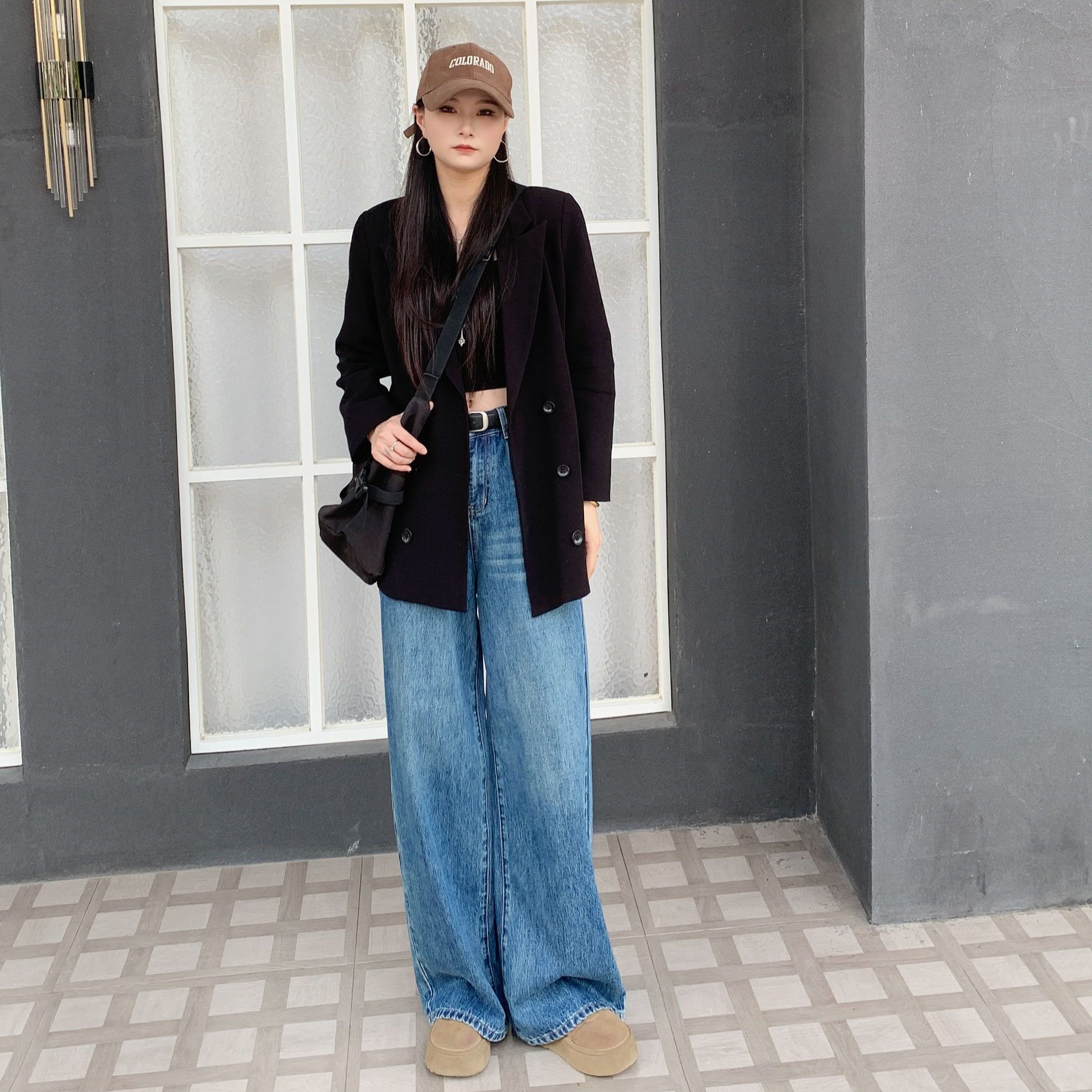 2025秋冬新款高腰阔腿牛仔拖地裤女加绒港风简约百搭休闲气质时尚