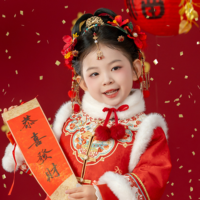 古月家汉服女童冬围脖加绒女宝宝保暖毛领儿童中国风红色喜庆围巾