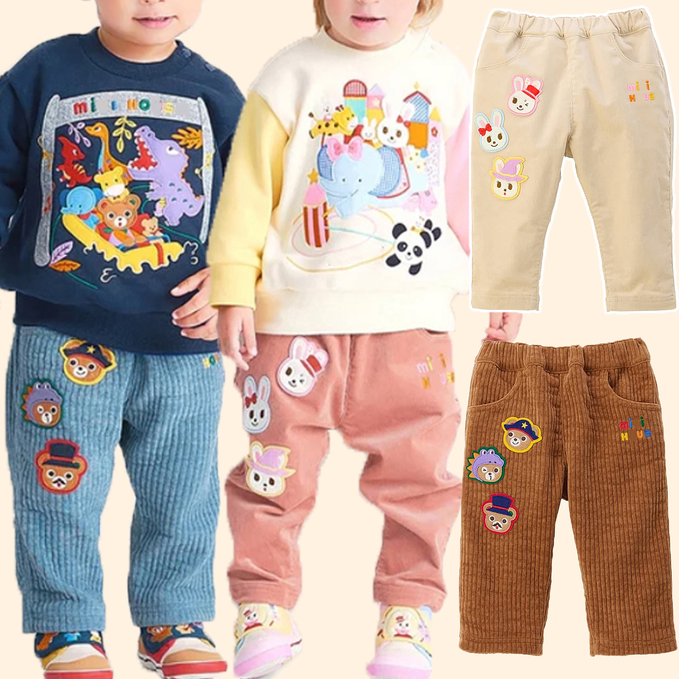 超可爱小熊小兔徽章长裤~秋冬季miki男女童装灯芯绒日系宝宝裤子