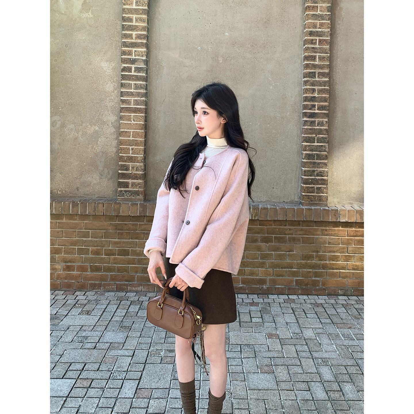 甜美风蒲公英粉色圆领短款呢子大衣女2025年冬季新款宽松毛呢外套