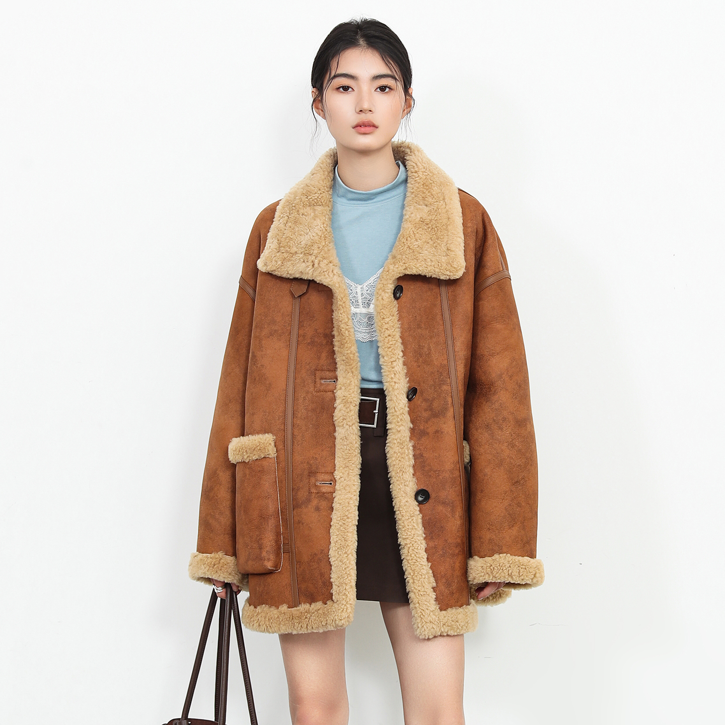 Npa 小羊皮皮毛一体两面穿轻盈舒适立翻领中长款皮草外套冬