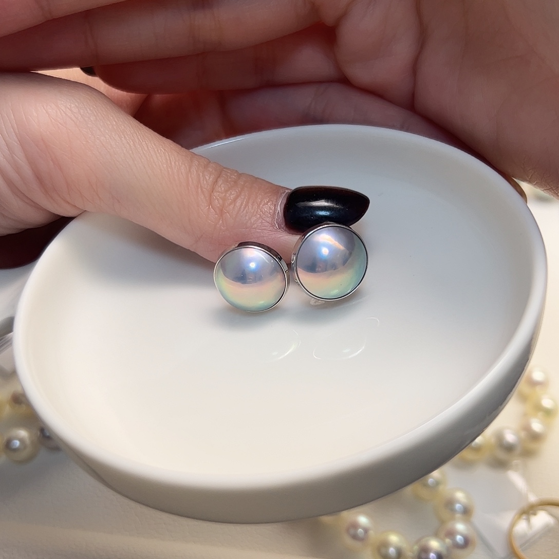 耳饰合金拼合珍珠（马贝珠）极光马贝耳钉11+mm