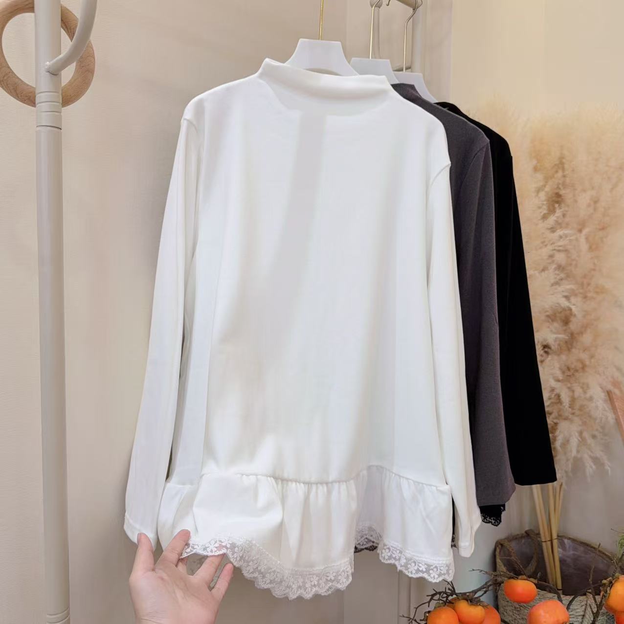胖胖家*8673新款半高领花边减龄打底衫