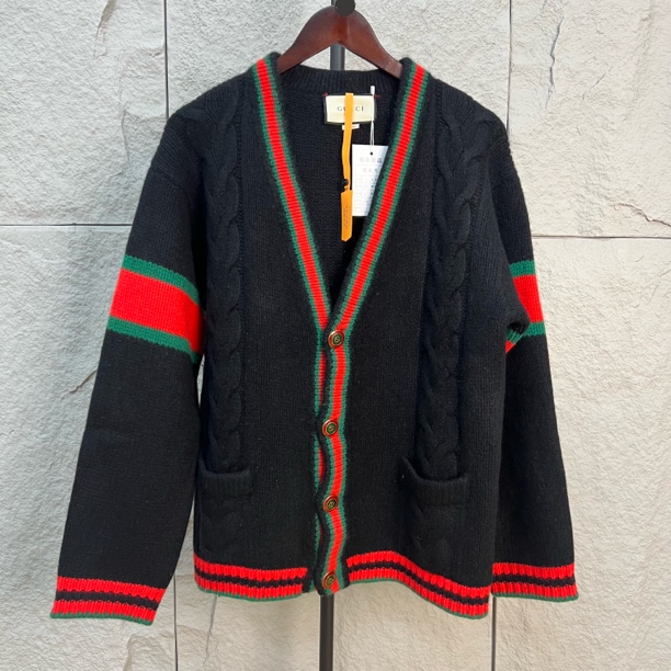 99新 GUCCI/古驰 经典红绿条纹黑色开衫毛衣 1码 cl01248
