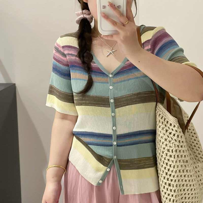 定制不支持七天无理由彩虹大码弹力开衫T恤女23011