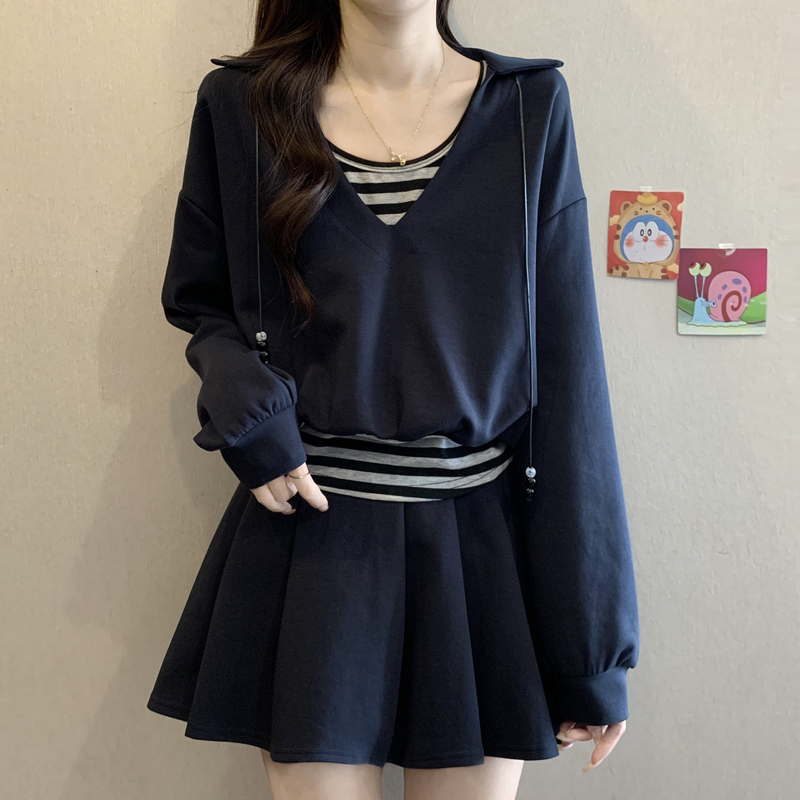 大码女装假两件卫衣上衣+松紧腰气质显瘦休闲A字百褶裙套装女秋冬