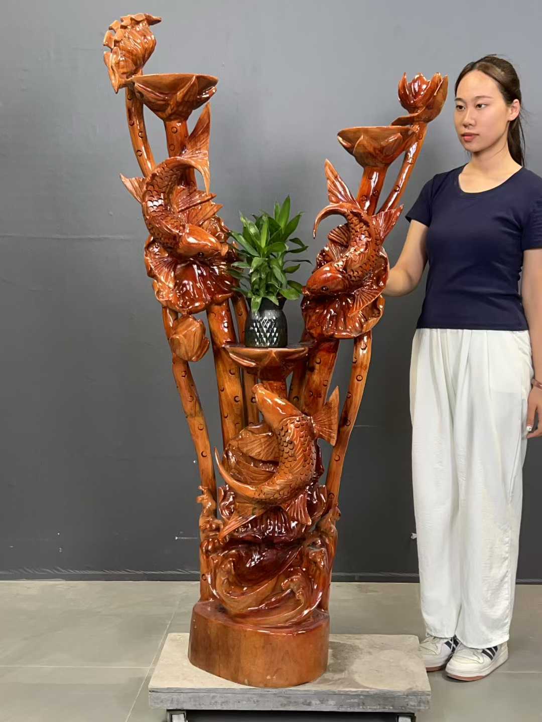 实木整体无拼接多台面年年有余金玉满堂根雕花架置物架盆景架