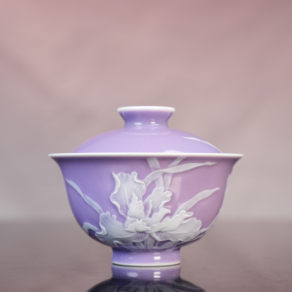 初蓝舍胭霞紫堆白鸢尾花盖碗  景德镇釉下彩 全手工高档送礼茶器