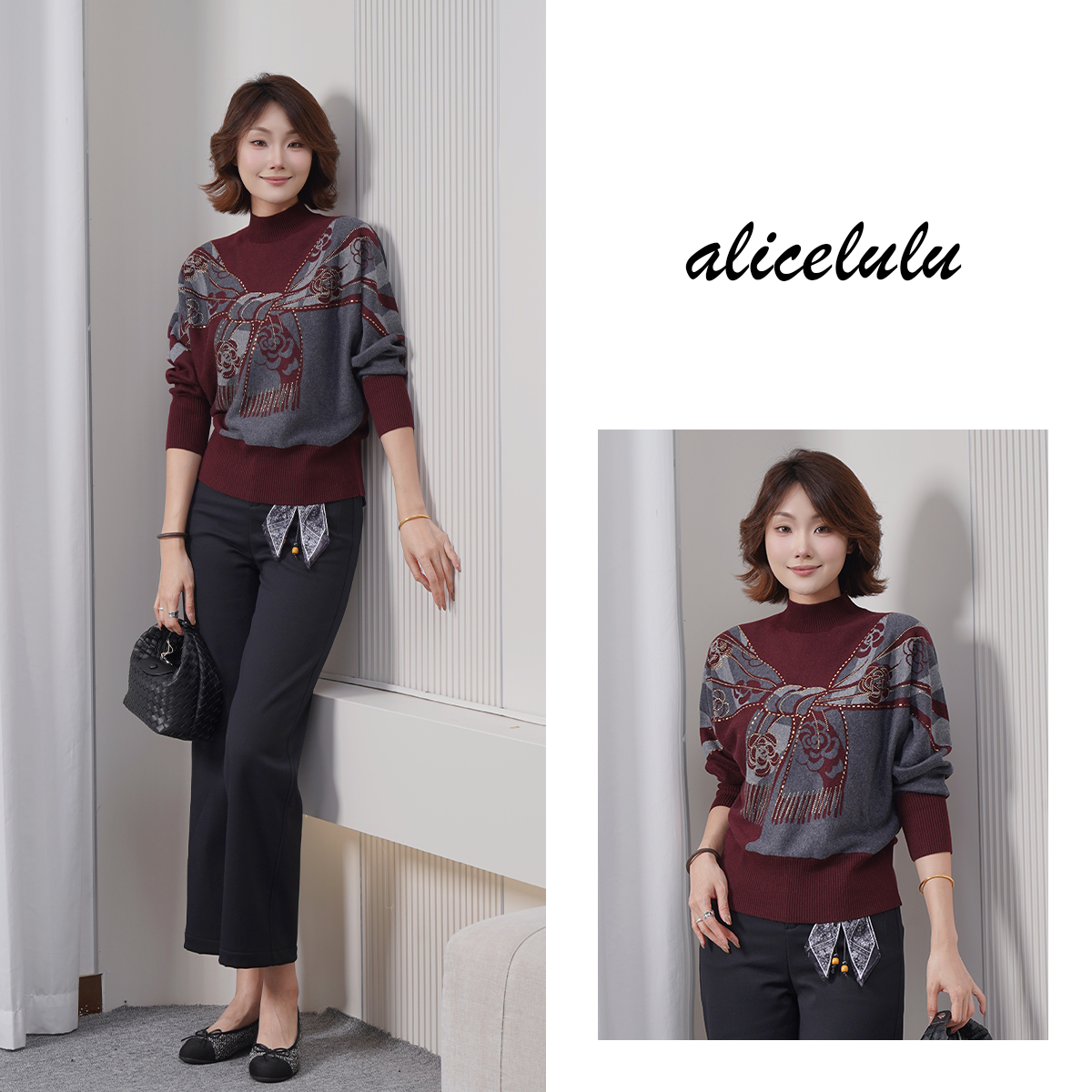alicelulu秋日野.设计感烫钻毛针织衫宽松显瘦S2145365U