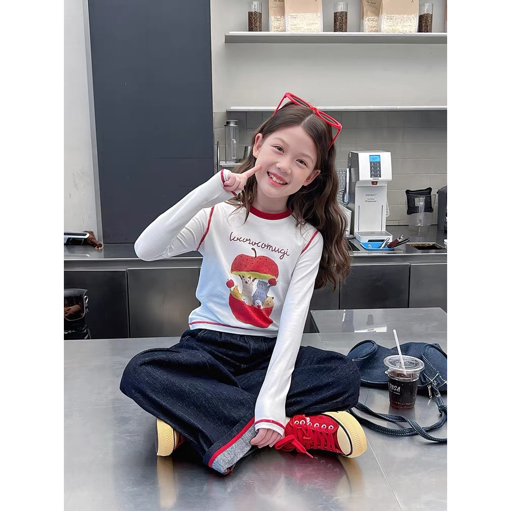 【现货】2025秋时髦苹果印花撞色女童打底衫 D689 689 V