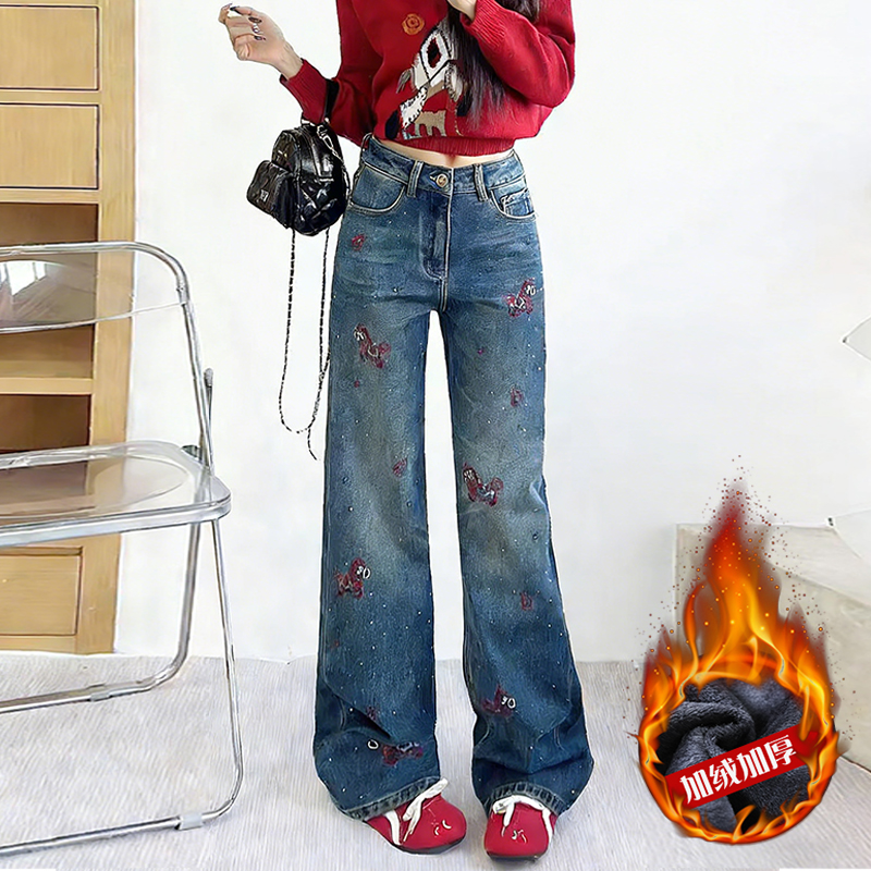 加绒烫钻蓝色喇叭牛仔裤女秋冬2025新款宽松爆款显瘦设计感直筒裤