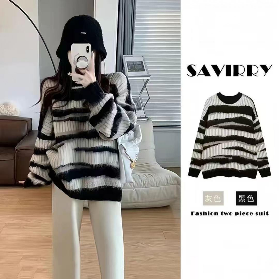 秋季针织毛衣外穿慵懒风简约休闲条纹百搭宽松针织衫Y0087