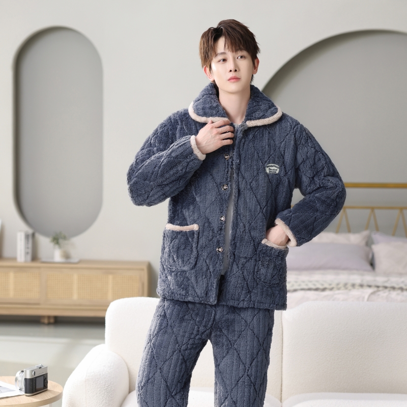 冬季法兰绒新款睡衣男三层夹棉加厚加绒保暖提花绒外穿家居服套装