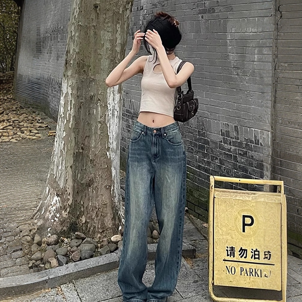 2025大码宽松显瘦梨型身材拖地阔复古牛仔裤女直筒高腰