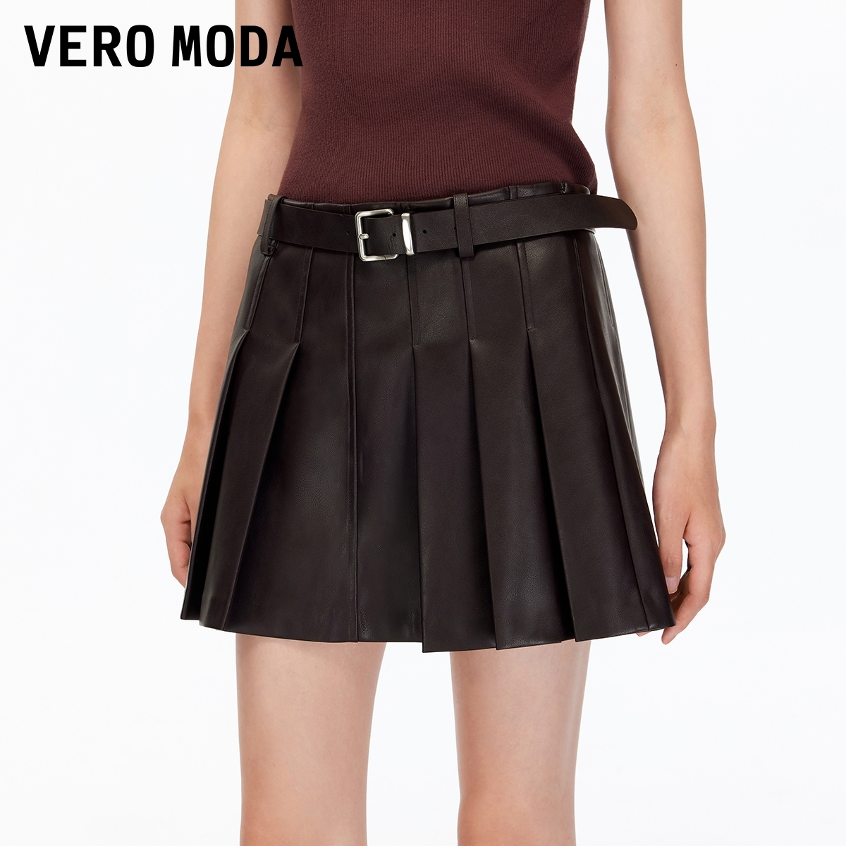 Vero Moda半身裙2025秋季新款同色腰带PU百褶裙显高显瘦325316043