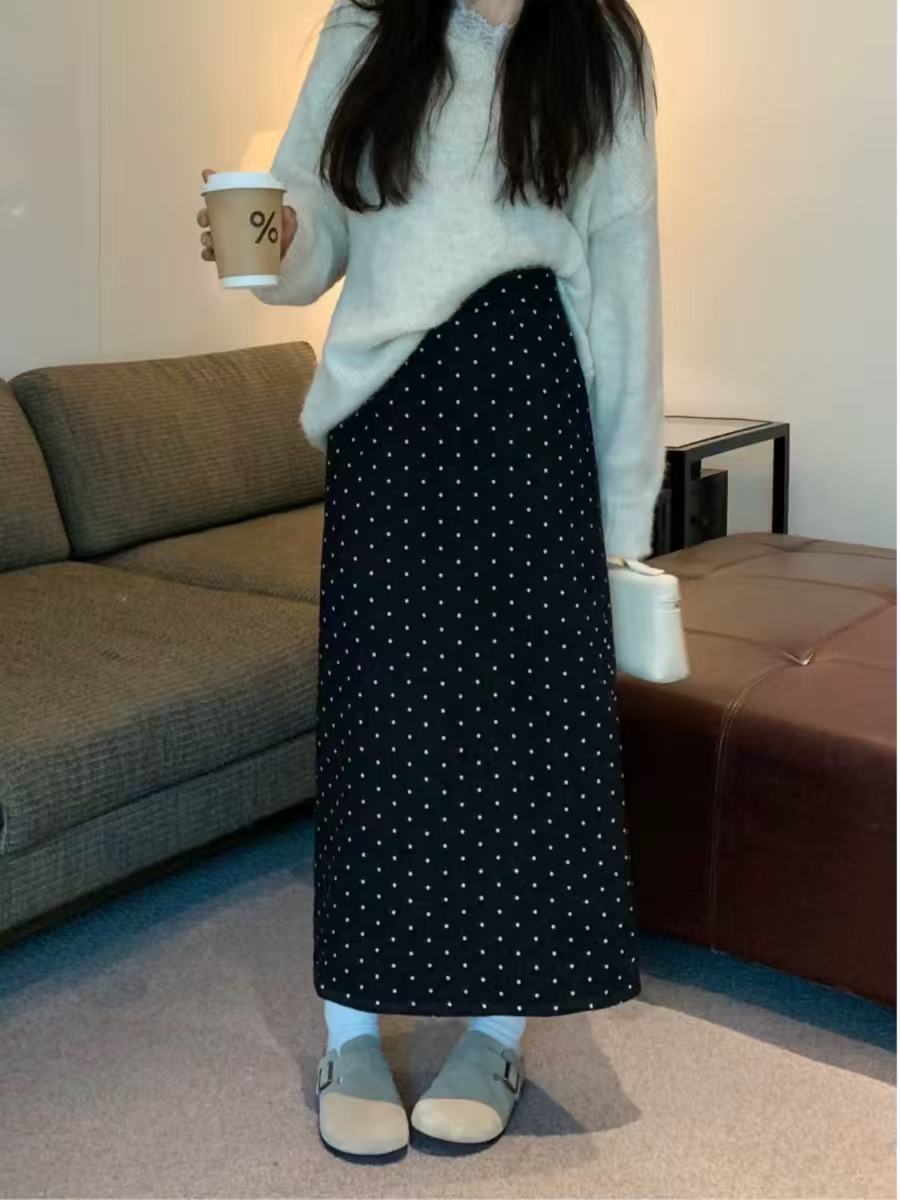 小矮个子波点毛呢半身裙女秋季a字显瘦复古高腰气质a字中长裙