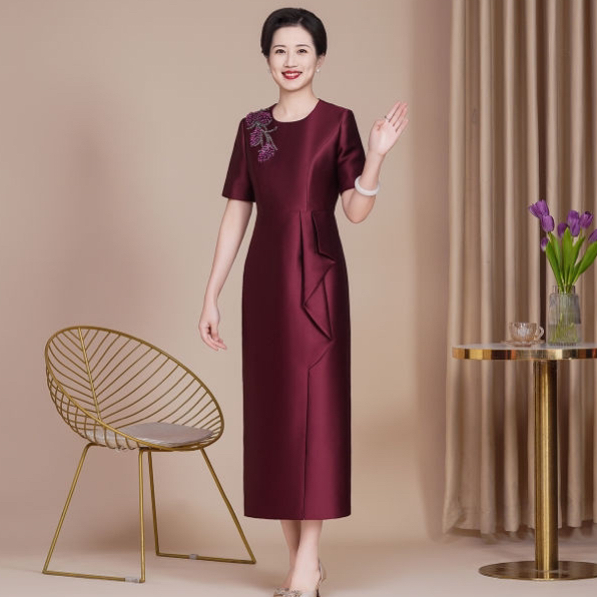 8065-酒红色手工旗袍高端礼服高贵宴会喜妈妈喜婆婆婚礼宴会旗袍
