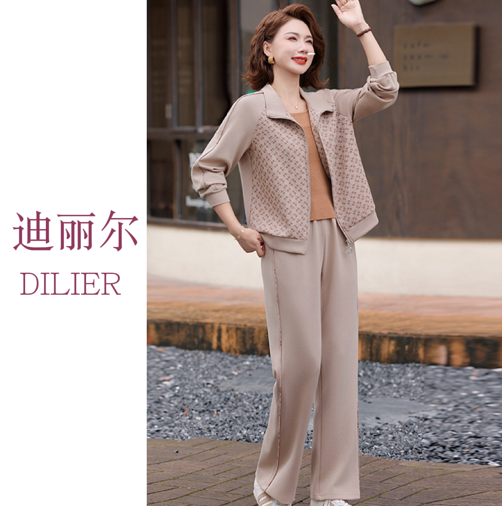 时尚厚款休闲减龄中老年女装秋季格子POLO领短款夹克裤子两件套