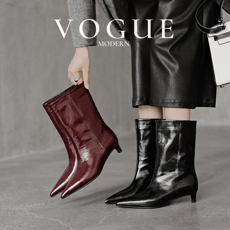 新款秋冬酒红色牛皮小猫跟高筒靴气质尖头套筒细跟高跟优雅时装靴