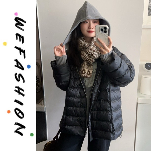 【WE】中长款针织拼接连帽排骨羽绒服