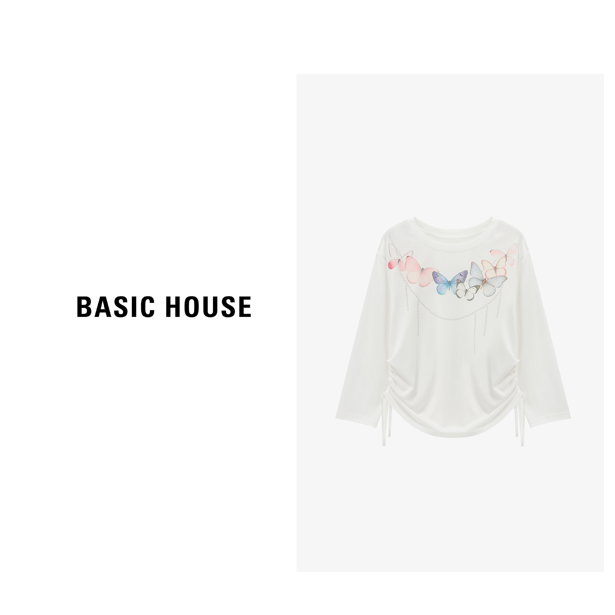 Basic House/百家好下摆抽绳长袖圆领套头减龄印花T恤B0625B5GNN2