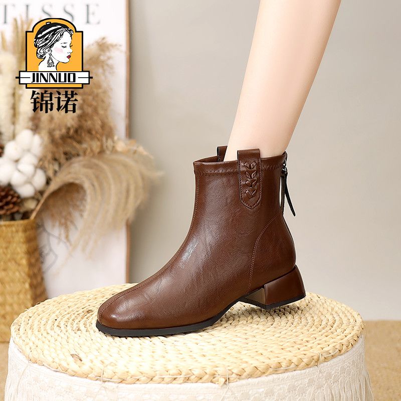 妈妈靴子女冬季加绒保暖2025新款棉靴女加厚方防滑百搭真皮短靴女