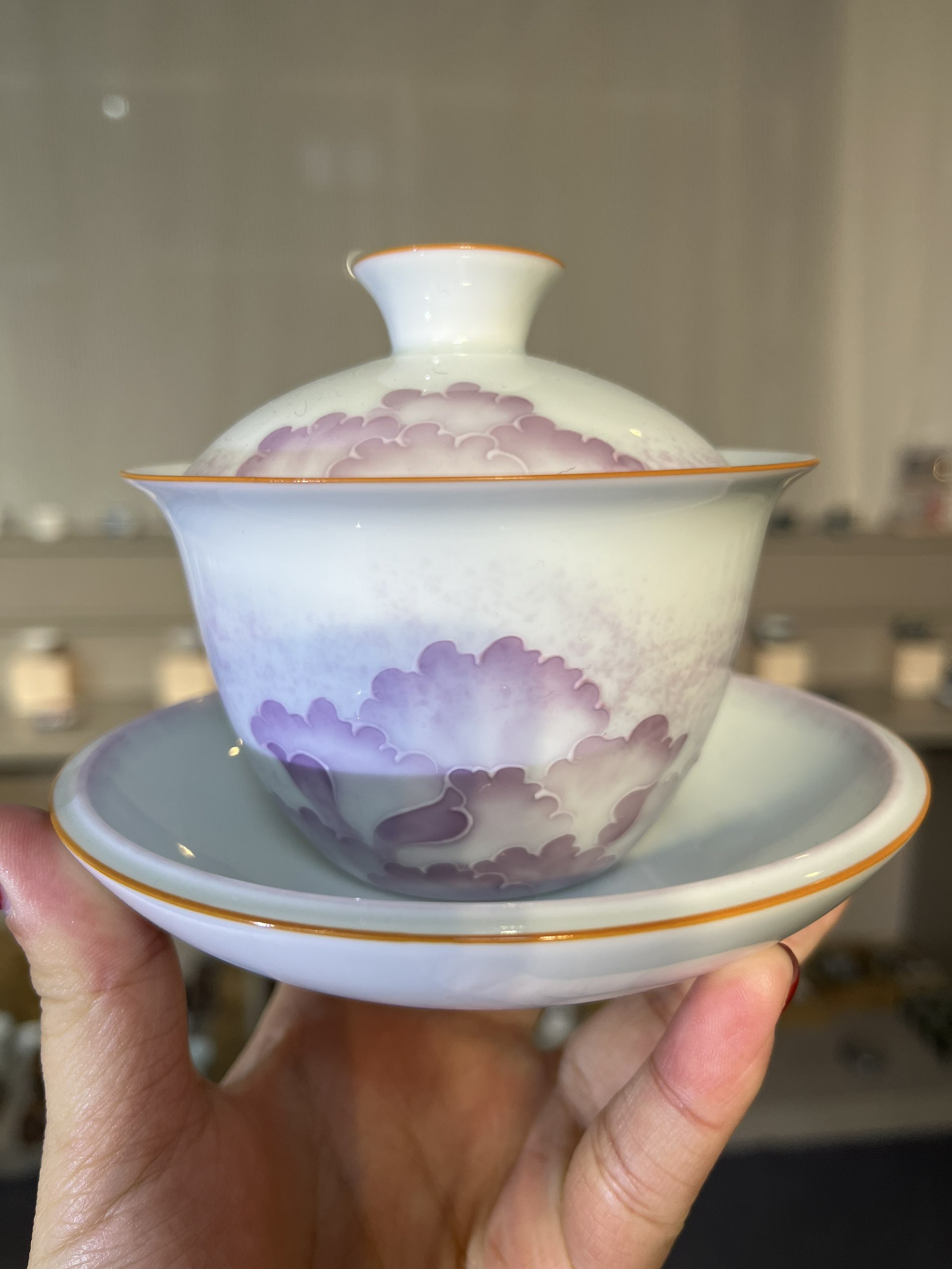 景德镇高温瓷紫韵牡丹三才盖碗