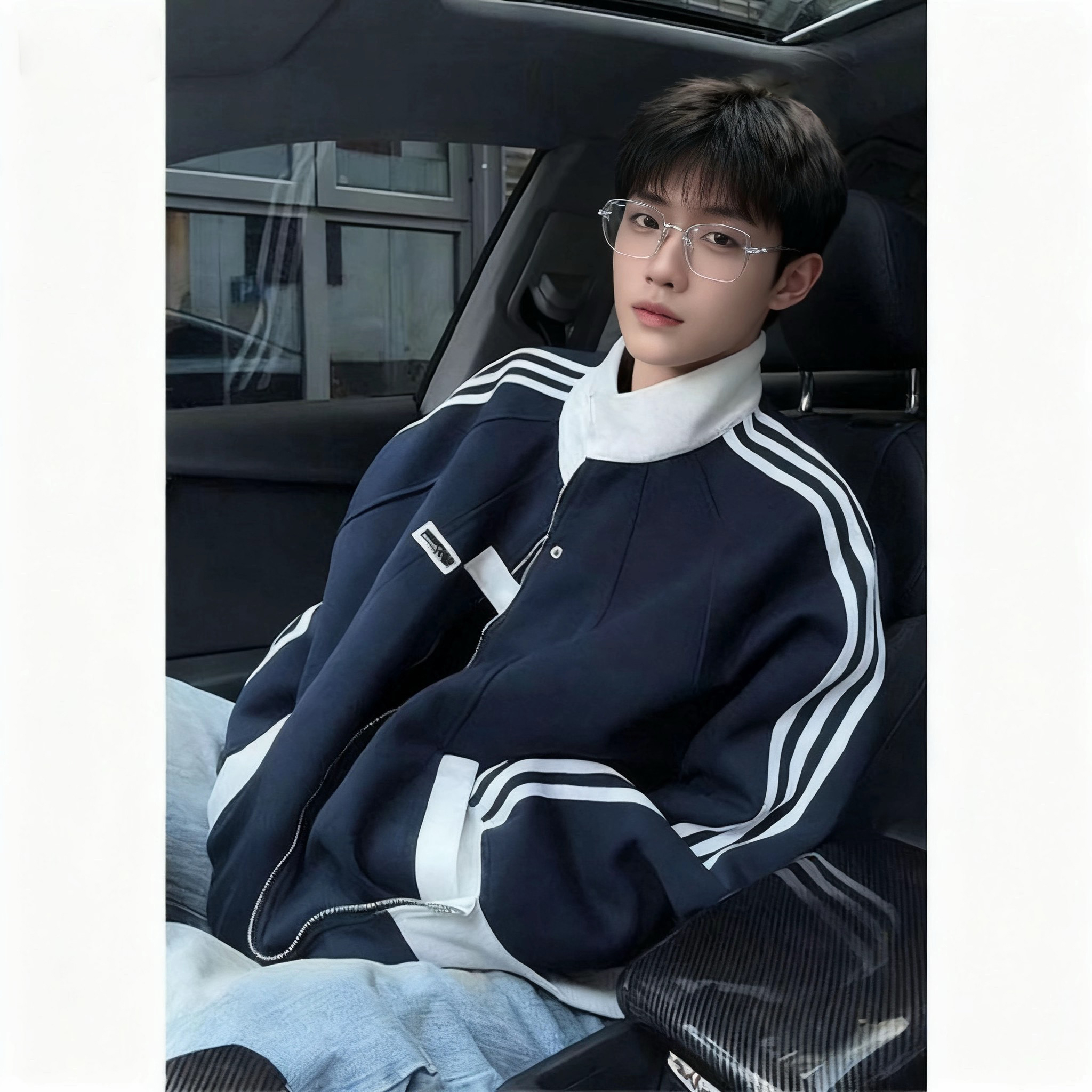 藏青色学院风开衫外套男女秋季条纹撞色拼接卫衣美式复古立领夹克