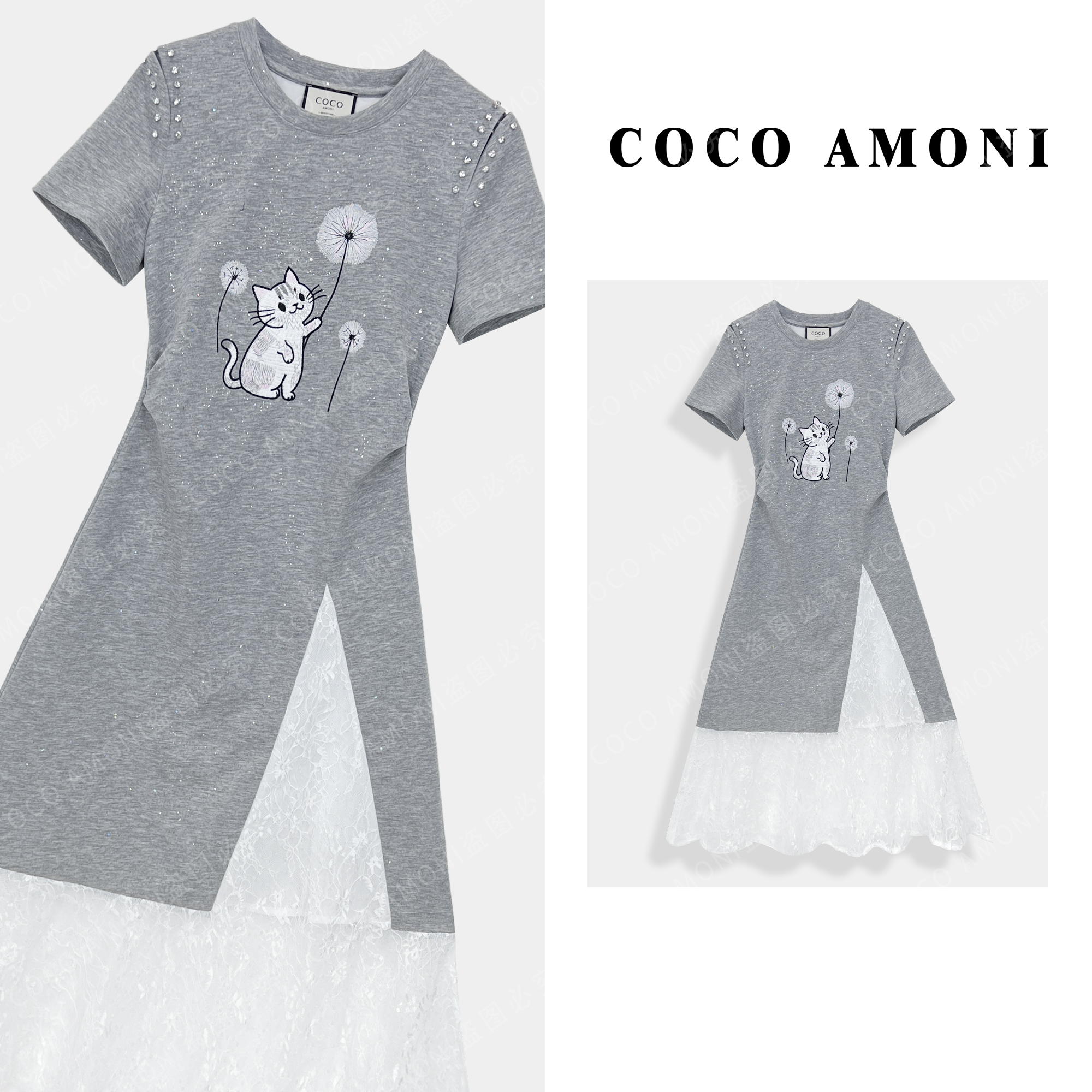 高级设计师原创夏日女拼接可爱小猫修身收腰气质高定连衣裙AC527