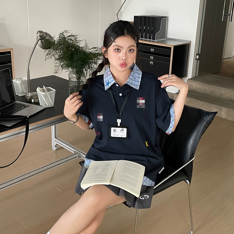 【现现专场】夏大码女装美式小狗刺绣POLO领T恤假两件休闲百搭上衣