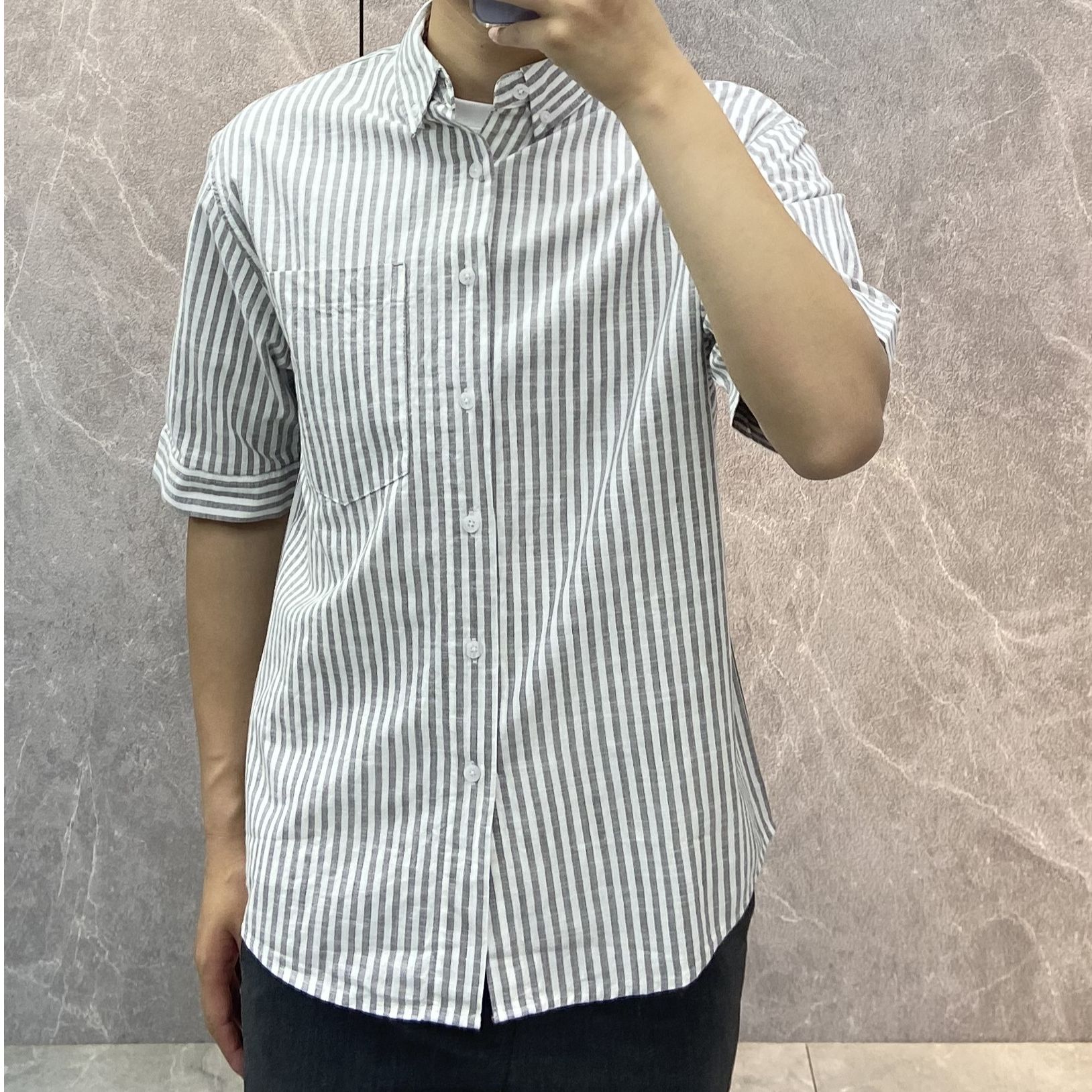 上衣四季通用条纹时尚宽松潮流修身方领短袖男格子夏季衬衫