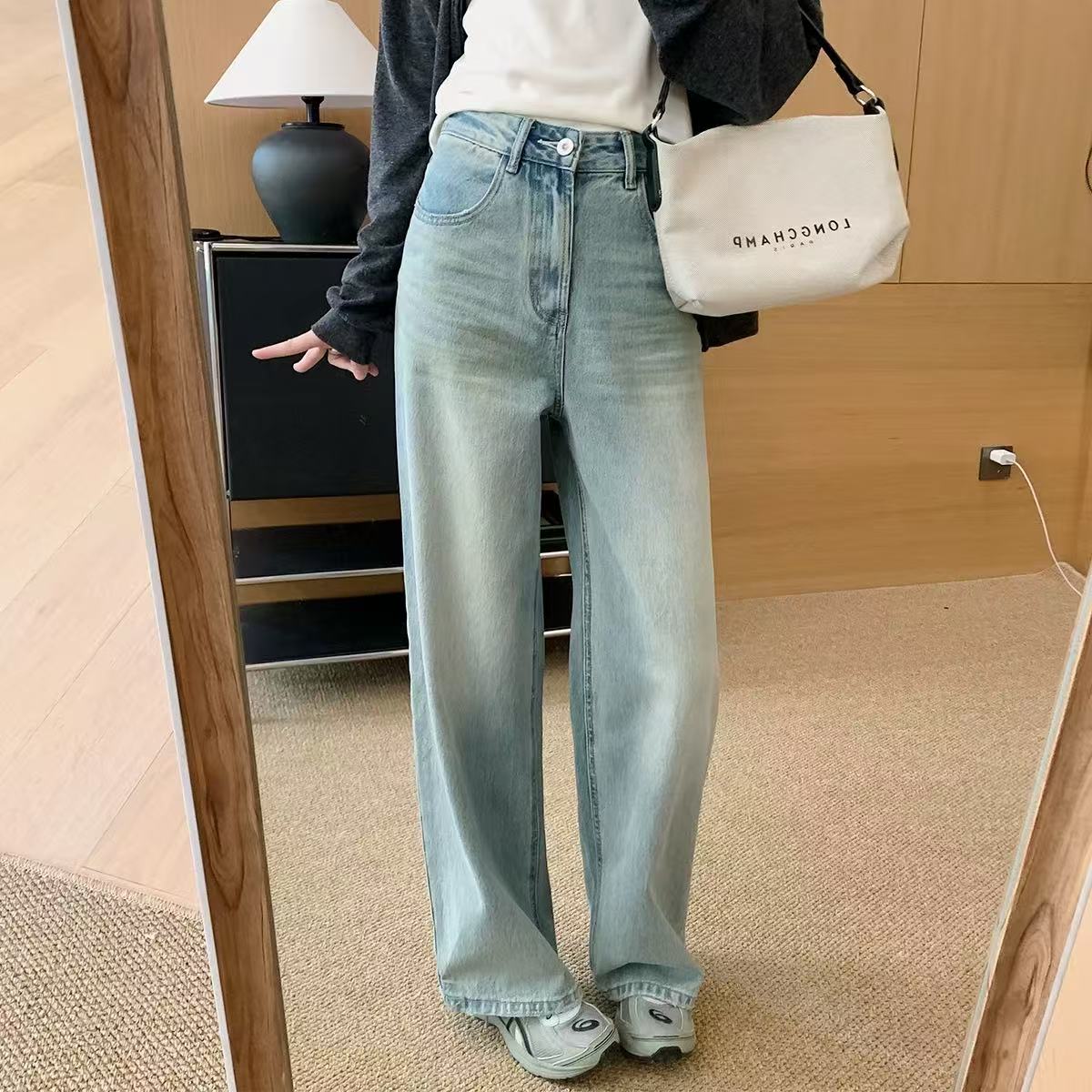 XFN【腿精】2025年春季新款网红直筒阔腿牛仔裤女复古宽松显瘦