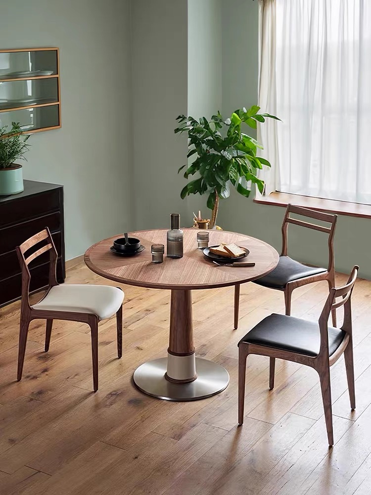 【竹蜻蜓】中古风北美黑胡桃木实木圆餐桌北欧家用小户型饭桌咖啡桌
