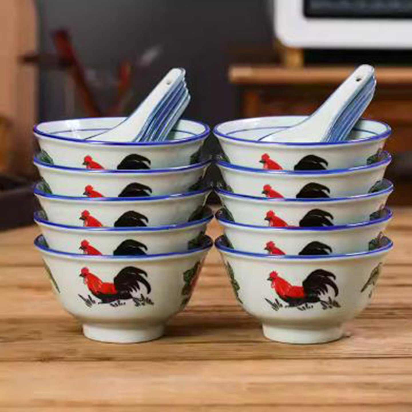 怀旧复古20年代老旧公鸡碗广东老式鸡公碗釉下彩陶瓷青瓷米饭碗