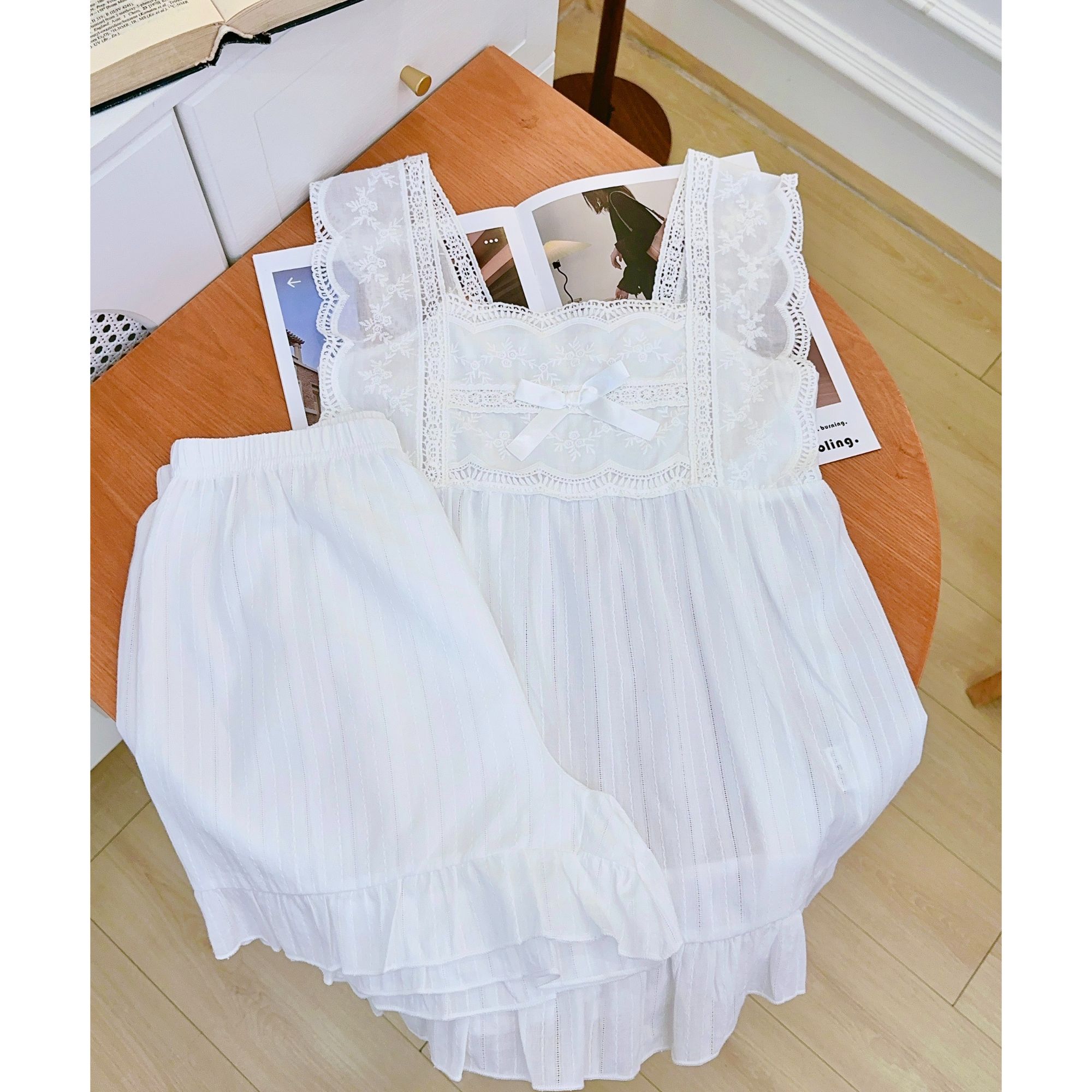 韩系纯棉法式小蕾丝公主风家居服吊带短裤套装    M109