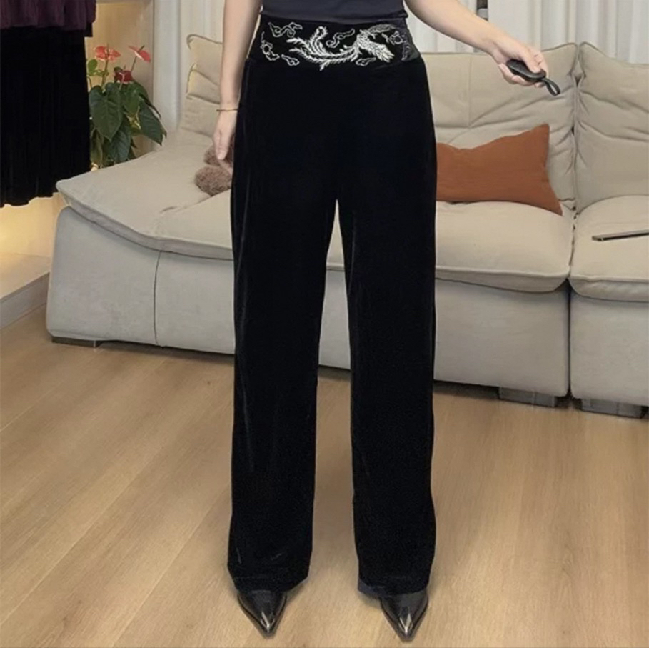 8610加长刺绣直筒裤丝绒春秋装妈妈款