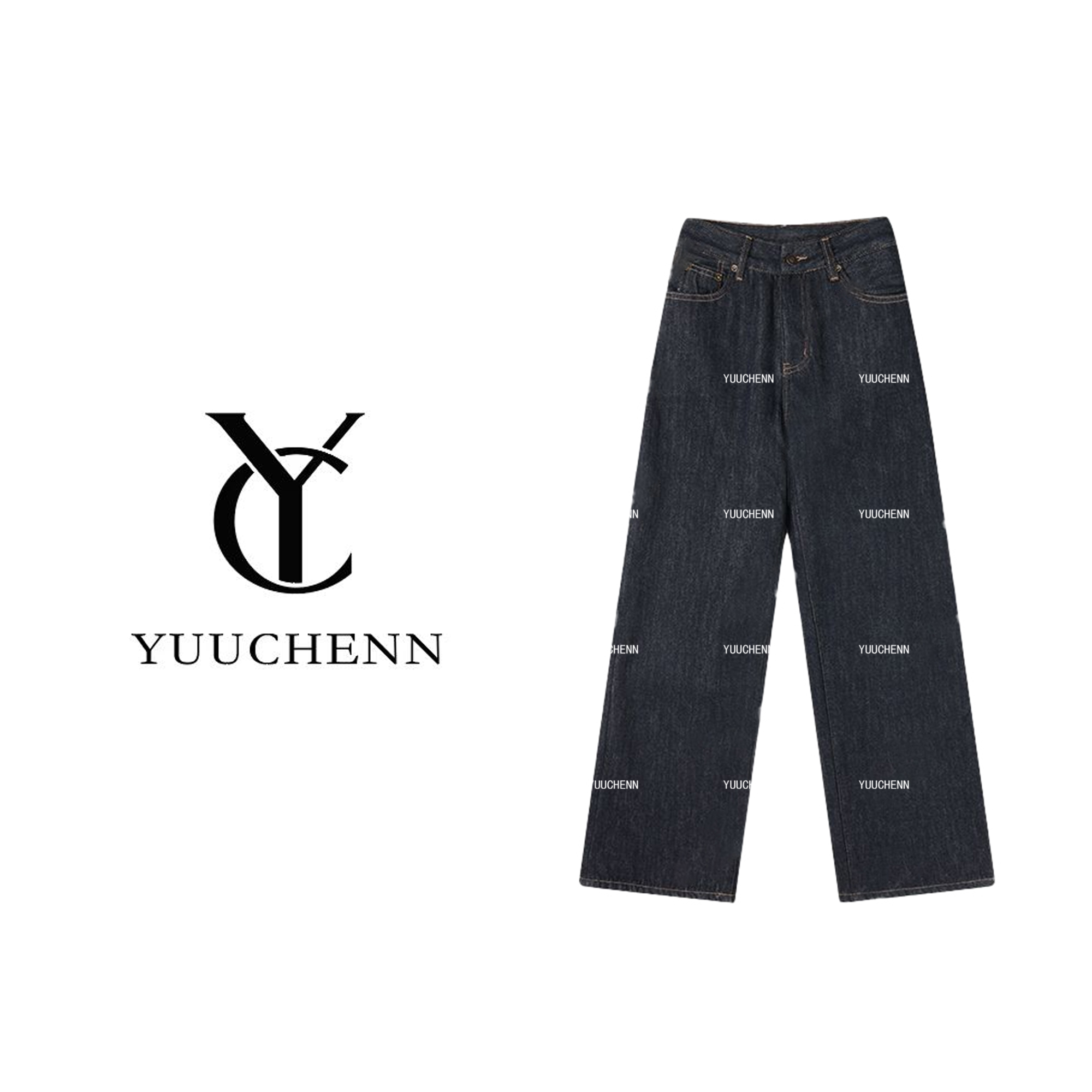 YUUCHENN直筒弹极简风女弯刀裤牛仔裤秋季百搭复古做旧23C19786