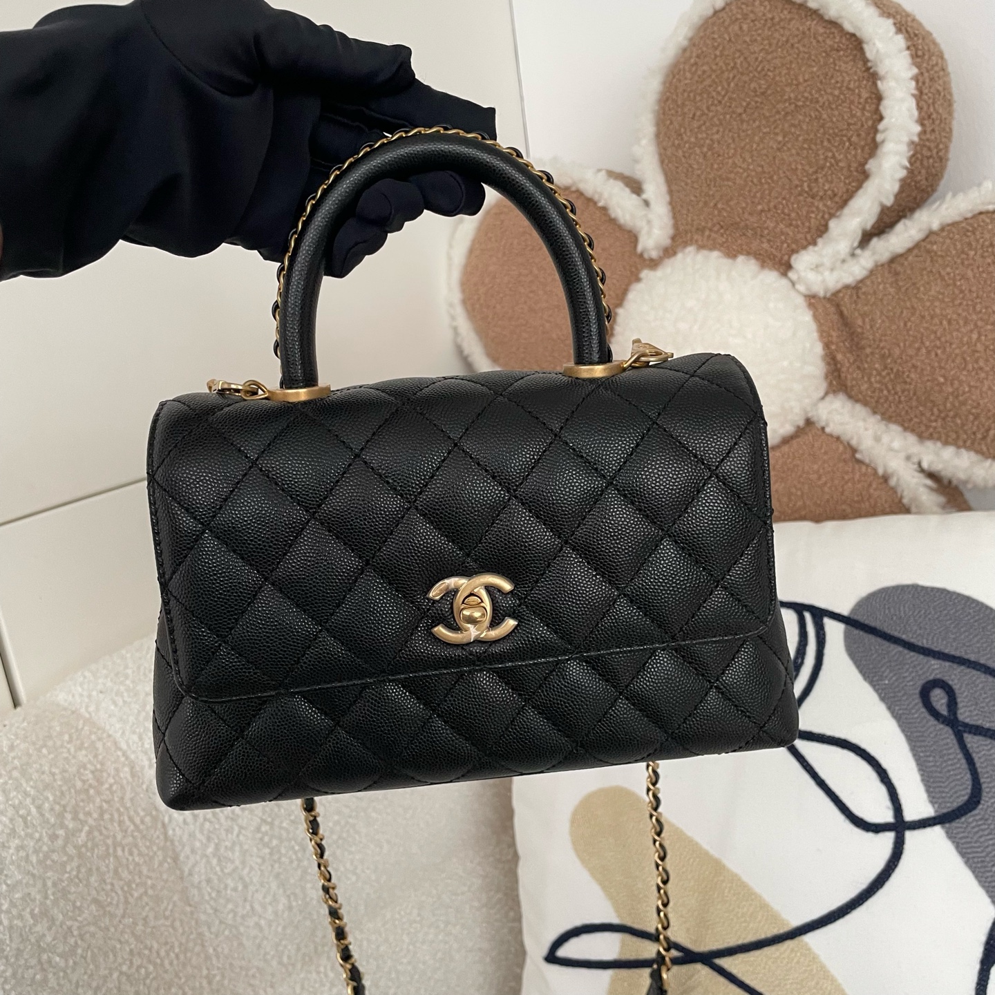 99新 Chanel/香奈儿 /cocohandle小号/皮穿链/黑金荔枝纹牛皮