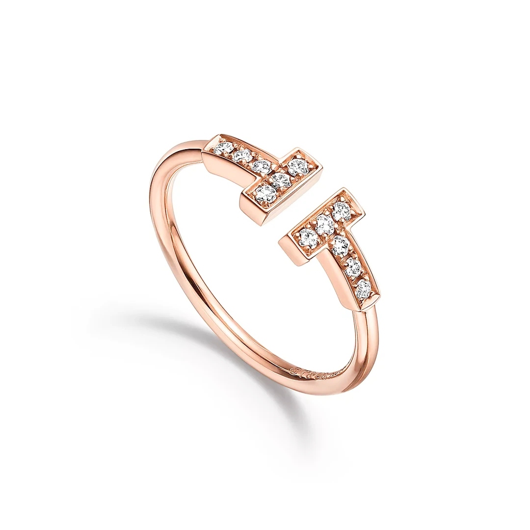 未使用 Tiffany & Co./蒂芙尼 玫瑰金镶钻线圈双T戒指GRP07761